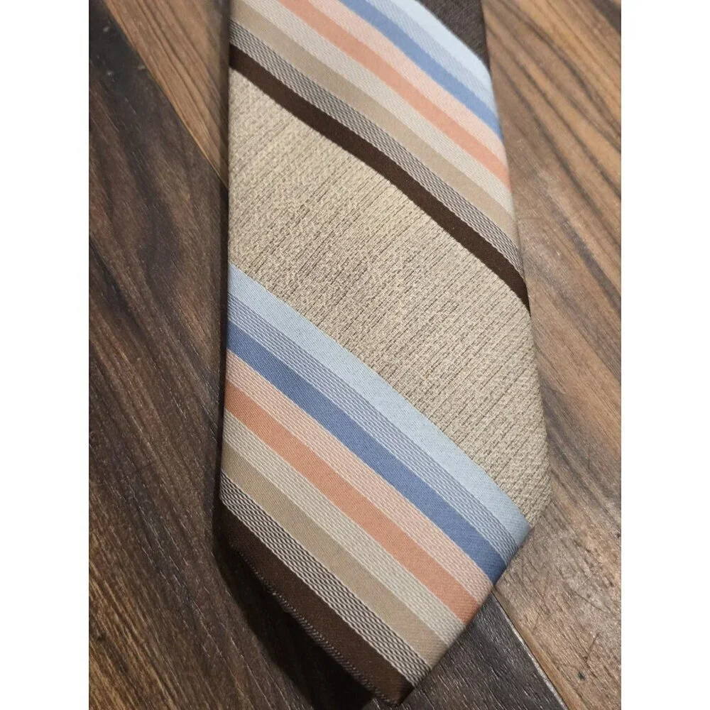 Vtg 70s Jean Claude Vidal Tie Brown Tan Blue Stripe Wide Blade Paris New York